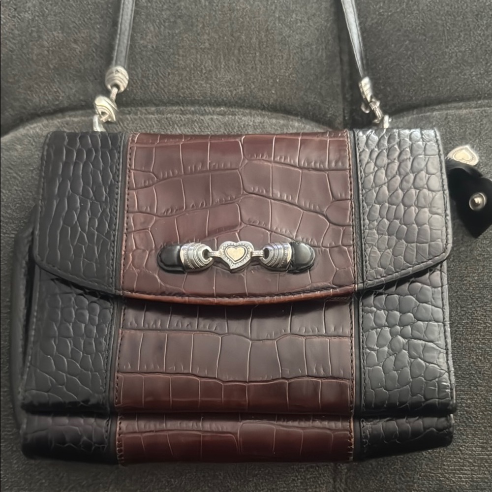 Vintage Black and Brown Croc-Embossed Women's Bag